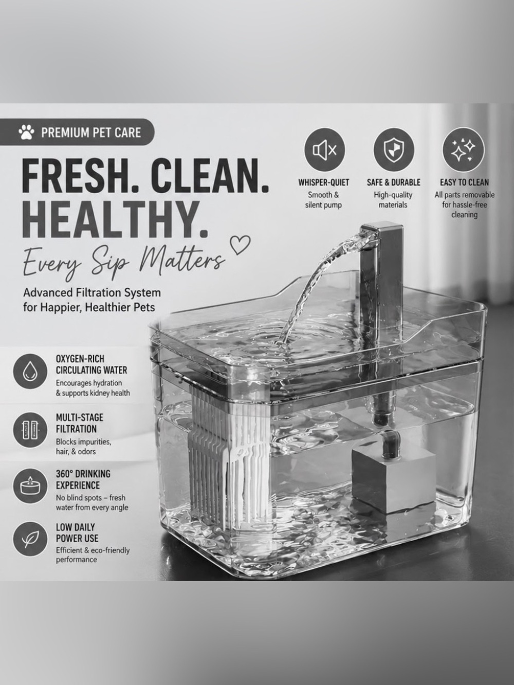 splash proof circulating Pet Water Fountain GRAY ONLY  NWT